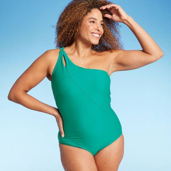 Lands' End - Women's One Shoulder Swimwear Green XS Green - Picture 3 of 4